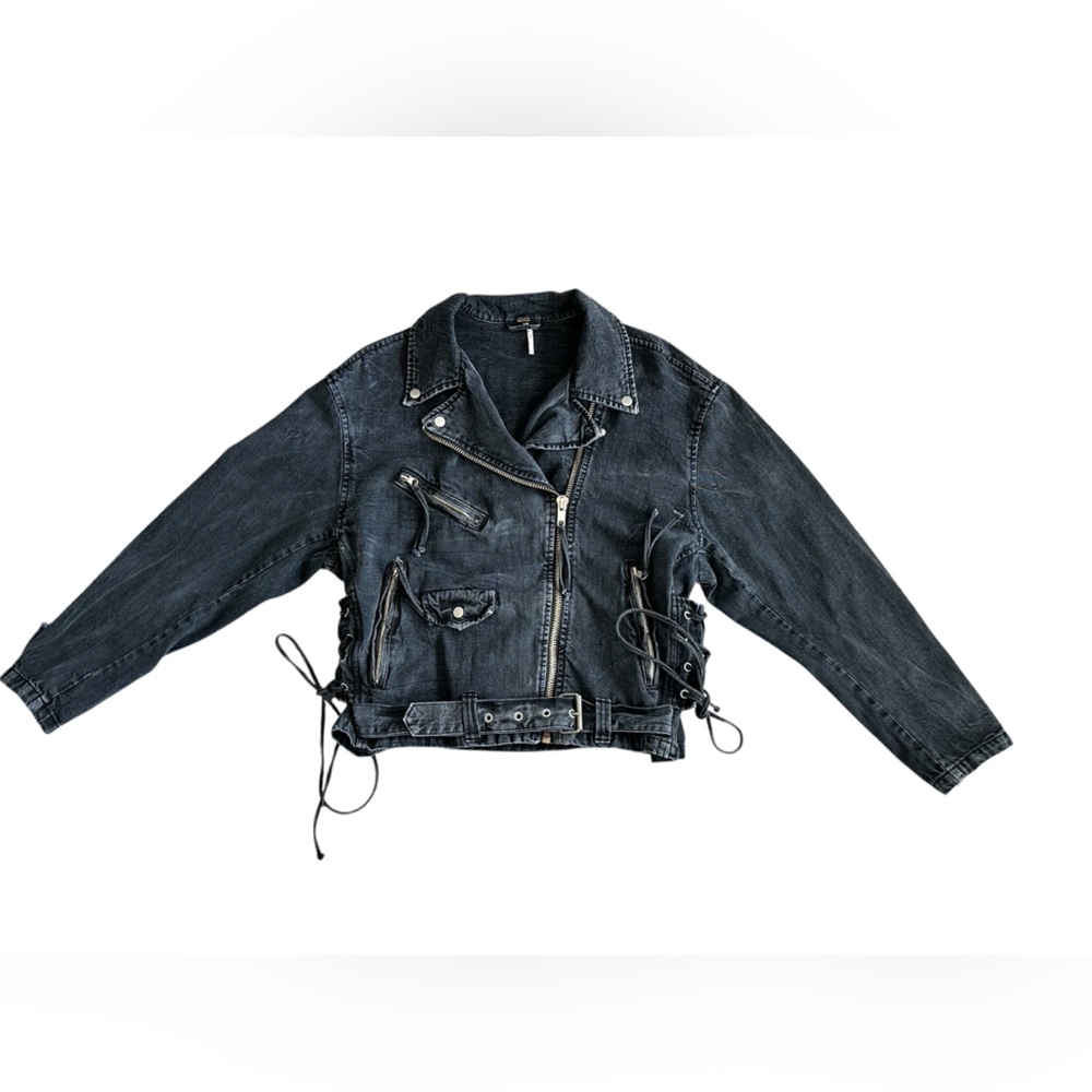 Free People Oversized Moto Jacket Black Denim Belted Lace Up Small Boho Biker - Picture 4 of 15